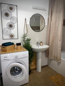 y baño con lavadora y lavamanos. en Nature&Spa Appartement avec Jacuzzi & Sauna privé en Orléans