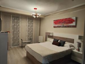 盧戈內斯的住宿－BlueMedina Lugones，一间卧室配有一张大床和一个吊灯。