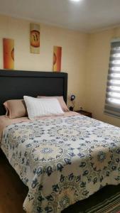 sypialnia z łóżkiem z niebiesko-białą kołdrą w obiekcie Arriendo casa vista al mar w mieście Las Cruces