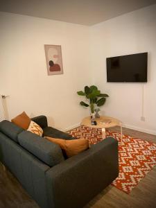 een woonkamer met een bank en een flatscreen-tv bij Nature&Spa Appartement avec Jacuzzi & Sauna privé in Orléans