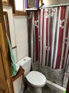 y baño con aseo y cortina de ducha. en Cabaña Iris, en La Paloma