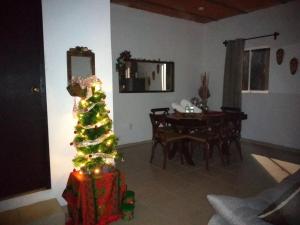 einen Weihnachtsbaum in einem Wohnzimmer mit einem Tisch in der Unterkunft Casa Alebrijes in Tequila