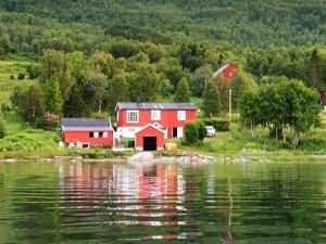 a red and white house next to a body of water at 7 person holiday home in Rossfjordstraumen in Straumen +18 photos