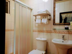 een badkamer met een toilet, een wastafel en een douche bij Ju Jia Xiao Zhan Homestay in Guanshan