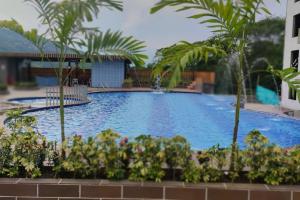 una gran piscina rodeada de palmeras. en Condominio OASIS 207, en San Jerónimo