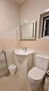 a bathroom with a toilet and a sink and a mirror at Private spacious studio Ealing 2 mins from tube in London