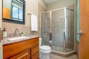 a bathroom with a shower and a toilet and a sink at The Reserve - Heart of OTR 2 Bed Suite w/Views in Cincinnati
