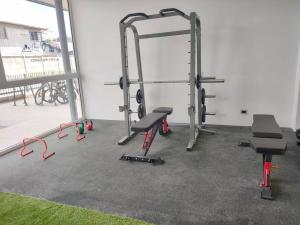 a room with a gym with two weights at Departamento estudio511 IslaTeja in Valdivia