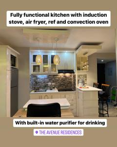 an image of a kitchen with the words fully functional kitchen with instruction serve air at Staycation at The Avenue Residences by Melo in Manila