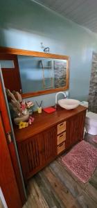 a bathroom with a sink and a mirror at Pointe Venus Lodge in Mahina