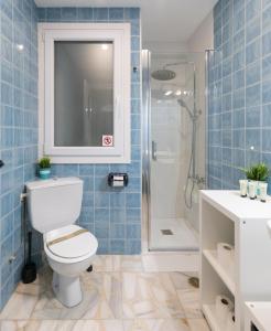 een blauwe betegelde badkamer met een toilet en een douche bij Antiguako - BasKey rentals in Lekeitio