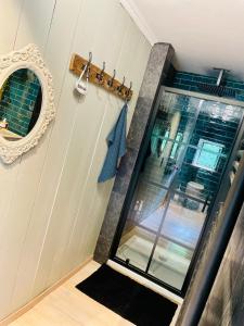 a room with a shower with a window and a mirror at Bed § Boutique du Lapin Vert in Anthisnes