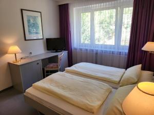 two beds in a hotel room with a window at Werrapark Aktiv Hotel Am Sommerberg in Masserberg