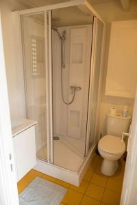 een badkamer met een douche en een toilet bij Petite Maison située entre Saint-Malo et Cancale in Saint-Méloir-des-Ondes