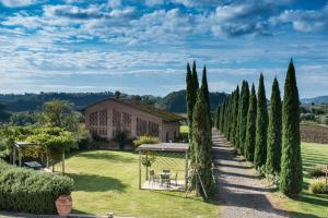 a row of cypress trees in front of a house at Casale Podernovo in Terricciola