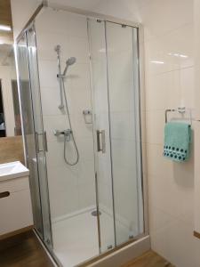 prysznic ze szklanymi drzwiami w łazience w obiekcie Apartament Kapitalny przy porcie w Kołobrzegu z rowerownią i placem zabaw w Kołobrzegu +13 zdjęć