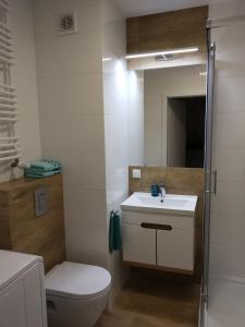 łazienka z toaletą, umywalką i lustrem w obiekcie Apartament Kapitalny przy porcie w Kołobrzegu z rowerownią i placem zabaw w Kołobrzegu