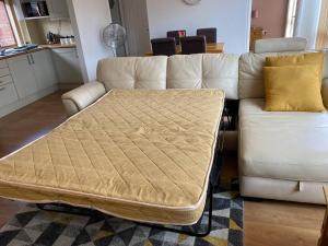 a mattress on top of a couch in a living room at Cosy Homely Apartment close to Lincoln City Centre in Lincoln +6 photos