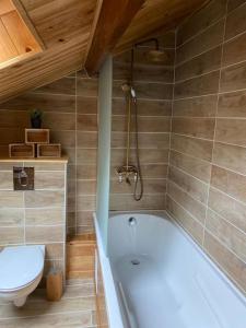 a bathroom with a white tub and a toilet at Le Chalet in Verdun-sur-Meuse