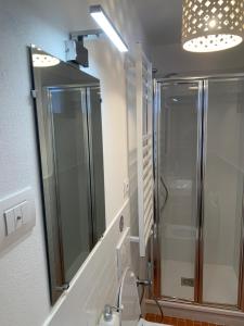 La salle de bains est pourvue d'une douche et d'un grand miroir. dans l'établissement Casa Italo, à Canazei