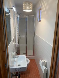 La salle de bains est pourvue d'un lavabo, d'une douche et de toilettes. dans l'établissement Casa Italo, à Canazei