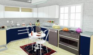 a kitchen with blue and white cabinets and a table at الداون تاون العلمين الجديده خلف الابراج El Down Town New El Alamaein in El Alamein