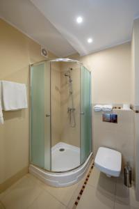 uma casa de banho com uma cabina de duche em vidro e um WC. em Hotel 500 em Tarnowo Podgórne