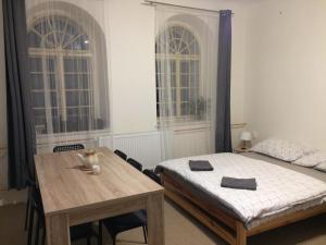 um quarto com uma cama, uma mesa e 2 janelas em UBYTOVÁNÍ u BRABANTÍKA em Desná
