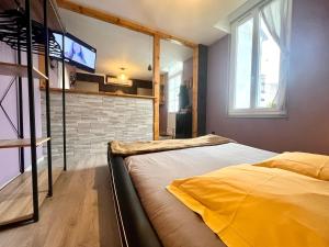 1 dormitorio con litera y TV en * La Maisonette * avec Sauna & Hammam privatifs, en Nevers