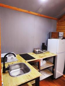 a kitchen with a sink and a white refrigerator at ZUCH Accommodation at Pafuri Self Catering - Guest Cabin in Polokwane