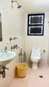 a bathroom with a sink and a toilet and a window at Muffys Guest House in Arpora