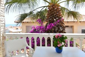 a table and chairs on a balcony with a palm tree at Haus Despina in Sarti