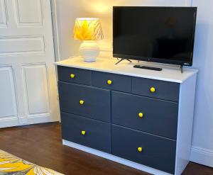 niebieska komoda z telewizorem na górze w obiekcie Petit Appartement dans une maison w Bajonnie