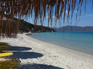 a beach with a straw umbrella and the water at Haus Despina in Sarti