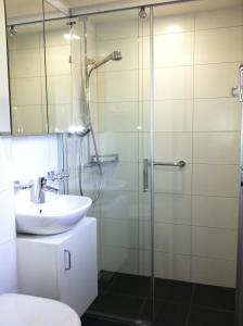 y baño con ducha acristalada y lavamanos. en Chalet Balfrin Alpweg 9 Postfach 2038 Riederalp, en Riederalp