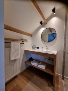 uma casa de banho com um lavatório e um espelho em De Bogaerd em Lo-Reninge