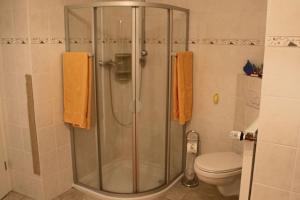 een badkamer met een douche, een toilet en handdoeken bij Ferienwohnung Backhaus in Goslar +14 foto's