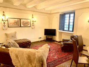 uma sala de estar com um sofá e uma televisão em Borgoloto Suite 17 em San Marino
