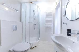 a bathroom with a shower and a toilet and a sink at Luxury Deluxe Apartment in Dubrovnik