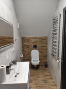 a bathroom with a white sink and a toilet at Noclegi Budomas Klima-ParkigFree-SmartTv in Wrocław