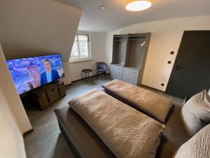 a living room with a couch and a flat screen tv at Ferienhaus Deluxe in Halle an der Saale