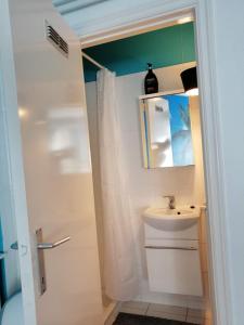 a bathroom with a sink and a toilet and a mirror at Studio 2/4p avec salle de bain privé in Ostend