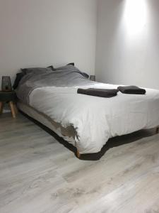 a bed in a white room with a wooden floor at Gite vomecourtois 