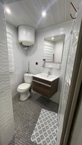 ein Badezimmer mit einem Waschbecken, einem WC und einem Spiegel in der Unterkunft Studio près de la mer in Port-Vendres