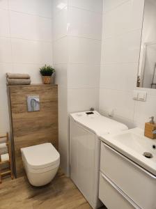 a white bathroom with a toilet and a sink at Apartament Obłędny z tarasem i widokiem na góry in Kudowa-Zdrój