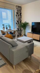 ein Wohnzimmer mit einem Sofa und einem TV in der Unterkunft MODERNI YKSIÖ HUIPPUSIJAINNILLA! in Lempäälä