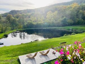 a view of a lake with two benches and flowers at Hôtel l'Annexe in Moux-en-Morvan