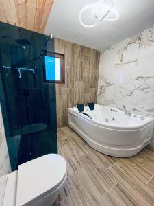 ein Bad mit einer Badewanne, einem WC und einer Dusche in der Unterkunft Chalet Montenegrina with jacuzzi in Kolašin