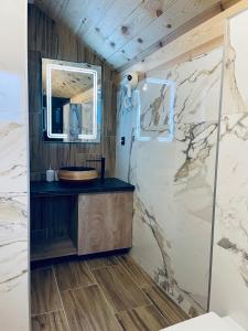 a bathroom with a sink and a mirror at Chalet Montenegrina with jacuzzi in Kolašin