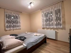 een slaapkamer met een bed en 2 ramen bij Apartamenty Beskidzkie in Ustroń